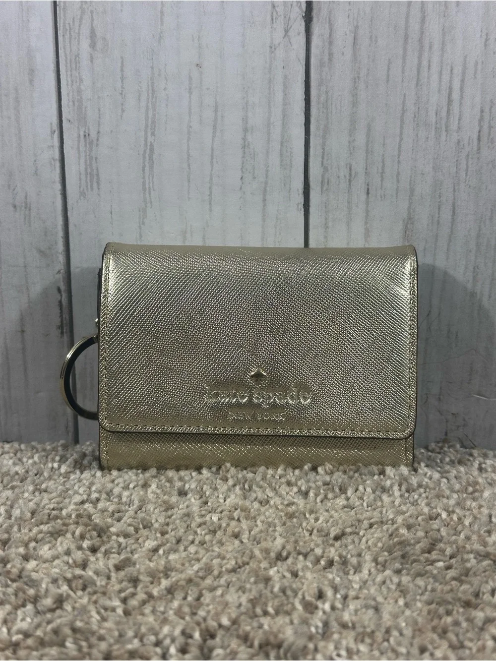 Kate Spade New York Champagne Trifold Wallet w/ Black Polka Dots